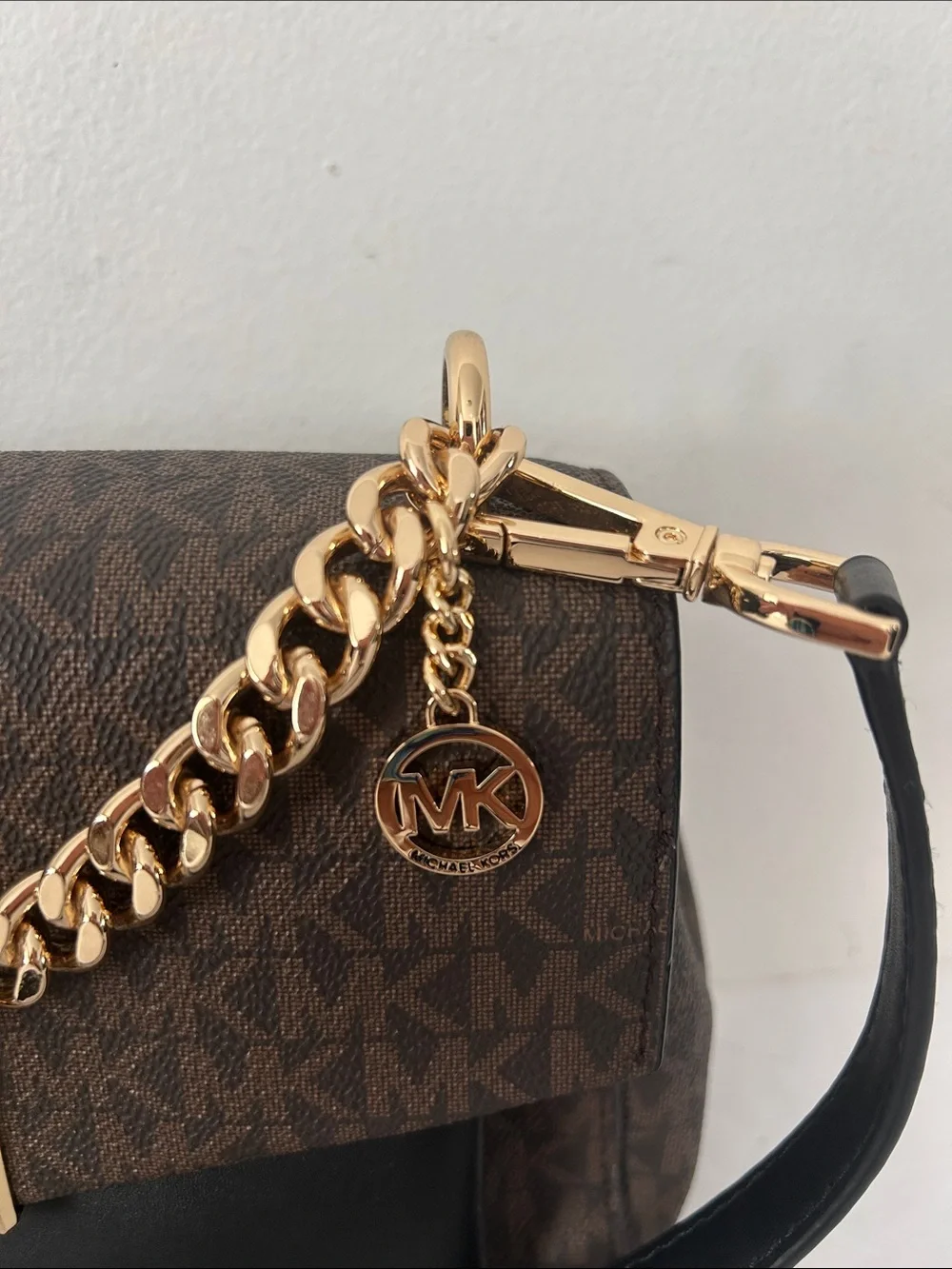 Michael Kors Lita Brown and Black Logo Crossbody with handle Gold Chain